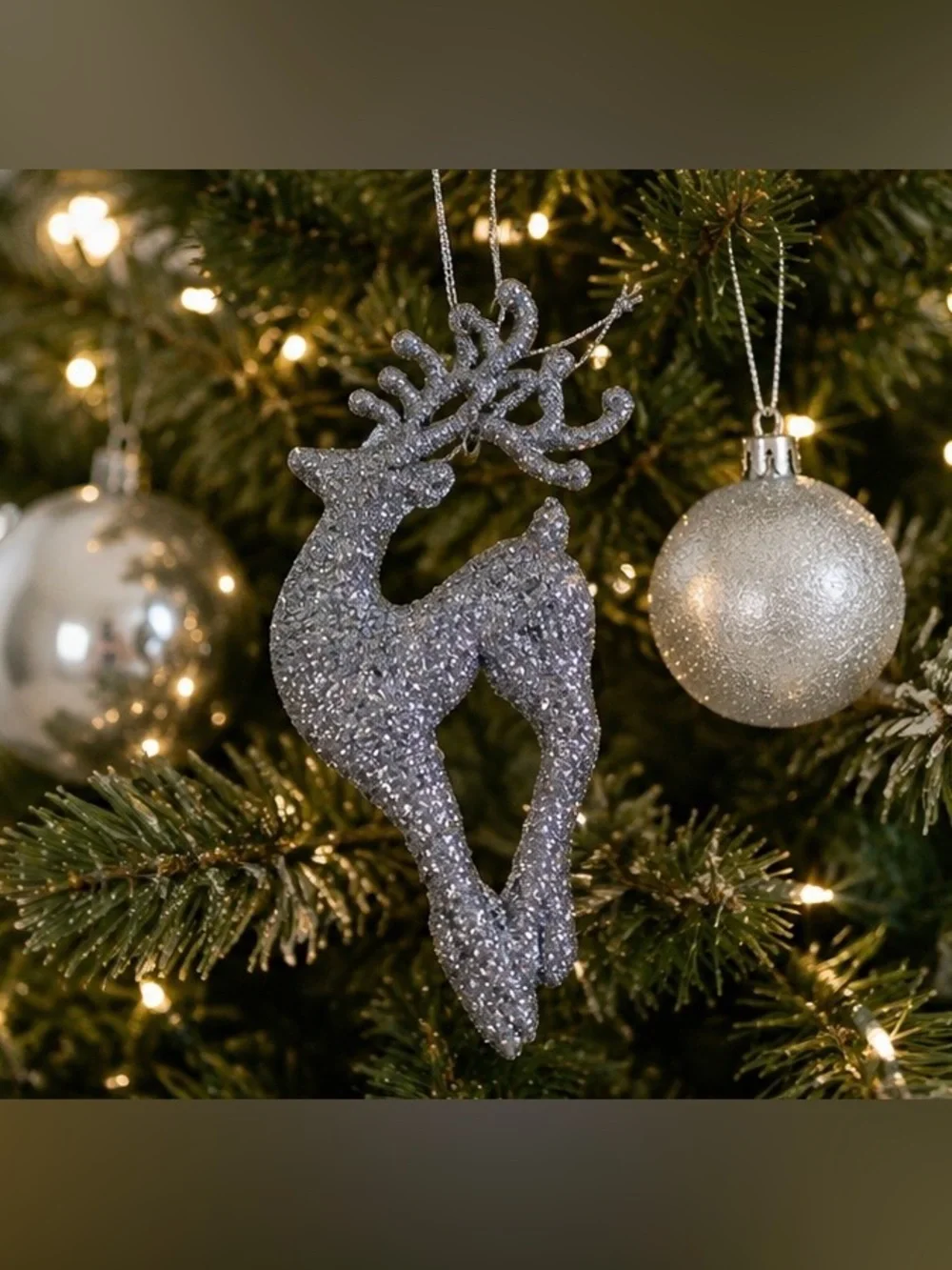 Set of 10 Silver Glitter Reindeer Christmas Ornaments Holiday Tree Decor Winter